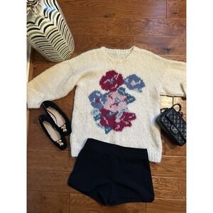 Mohair Blend Sweater Cream Fuzzy Floral Pattern Soft Warm Cozy Aesthetic